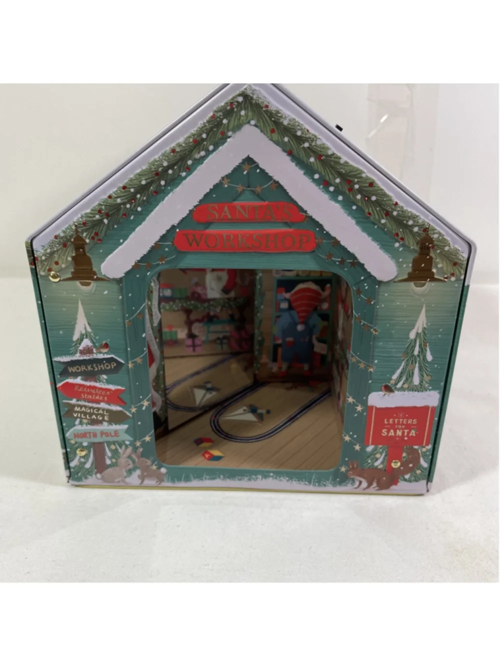 M&S Empty Musical Light Up Animated Christmas Metal Tin House Santa's Workshop